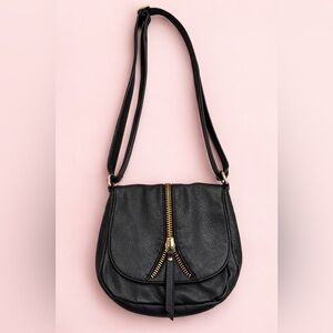 Linea Pelle Black Leather Crossbody Bag Gold Zipper Detail Boho Purse